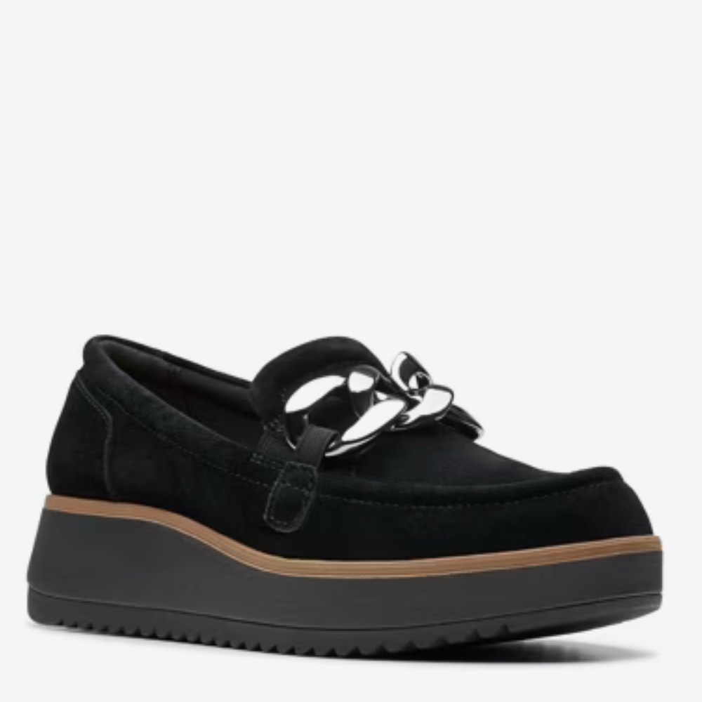 Clarks Women's Black Cloud Stepper Loafers with Silver Chain